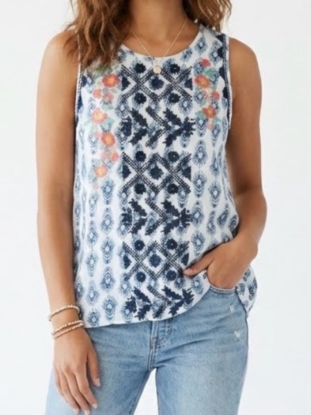 Sundance Medallion Floral Embroidered Boho Tank Top Size S Cotton